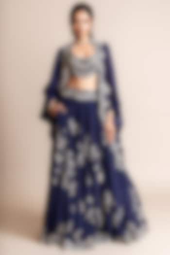 Navy Silk & Crepe Hand Embroidered Jacket Bridal Lehenga Set by Nupur Kanoi at Pernia's Pop Up Shop
