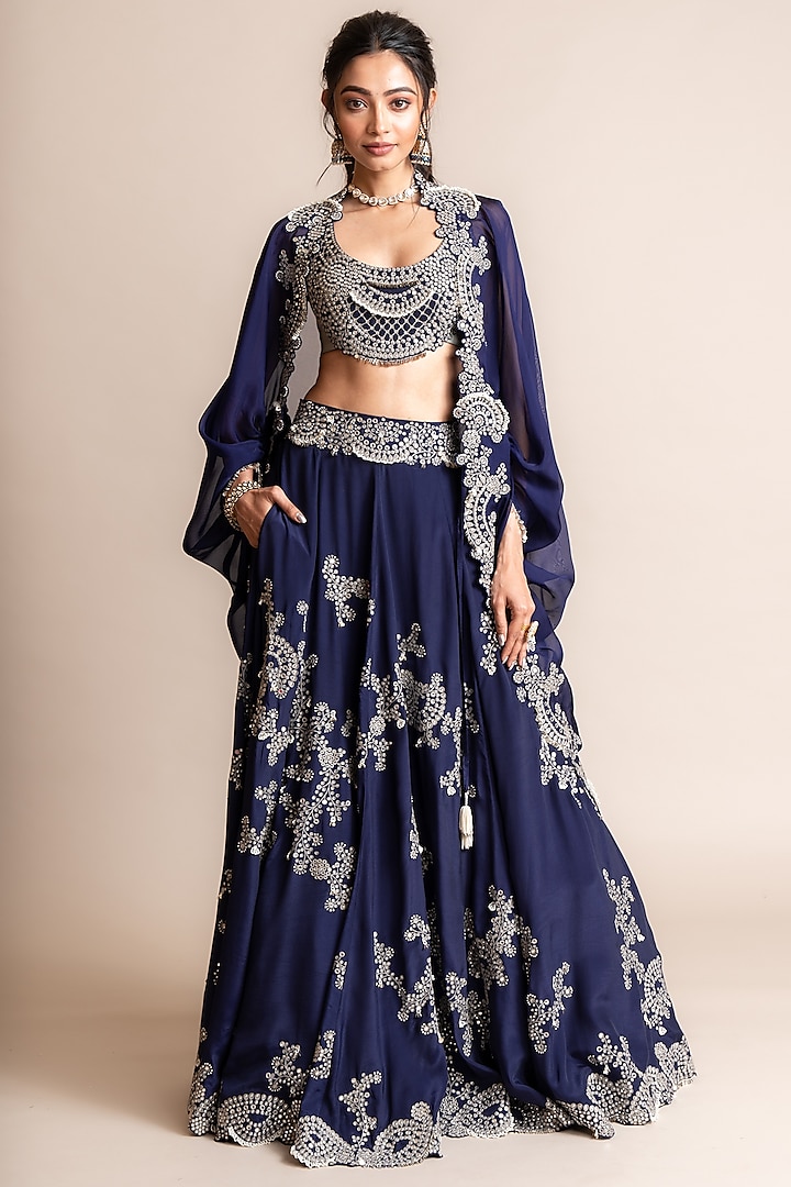 Navy Silk & Crepe Hand Embroidered Jacket Bridal Lehenga Set by Nupur Kanoi at Pernia's Pop Up Shop