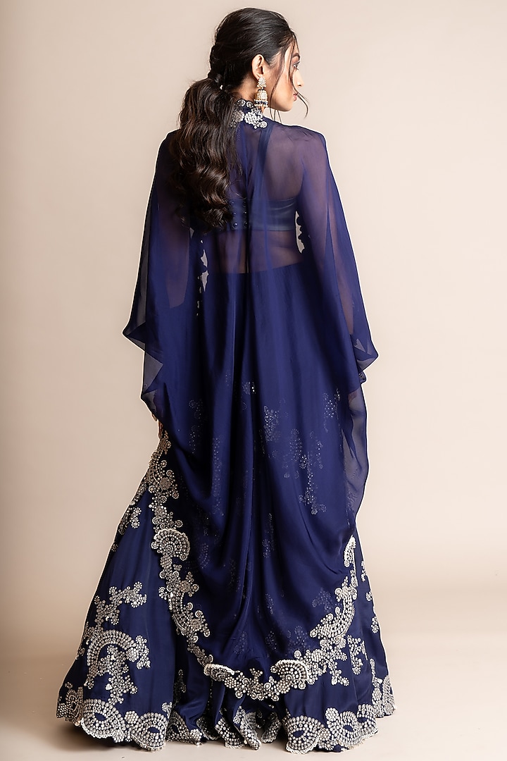Navy Silk & Crepe Hand Embroidered Jacket Bridal Lehenga Set by Nupur Kanoi at Pernia's Pop Up Shop