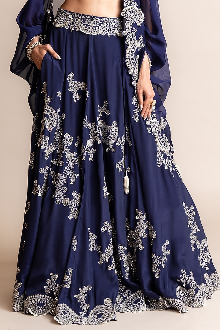 Navy Silk & Crepe Hand Embroidered Jacket Bridal Lehenga Set by Nupur Kanoi at Pernia's Pop Up Shop