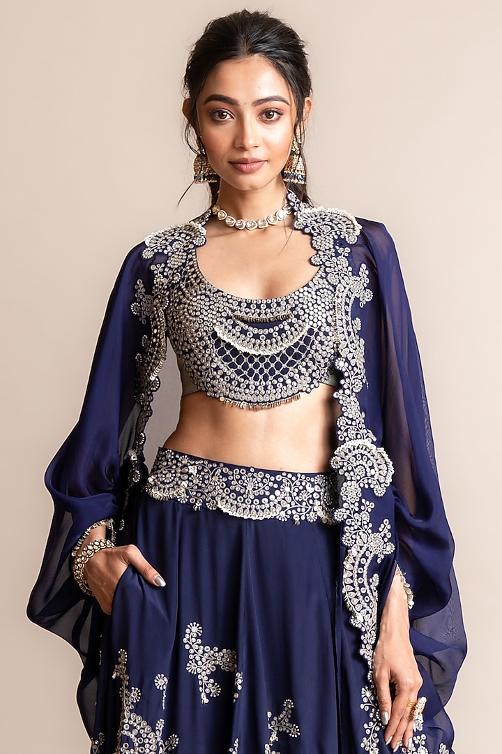 Navy Silk & Crepe Hand Embroidered Jacket Bridal Lehenga Set by Nupur Kanoi at Pernia's Pop Up Shop