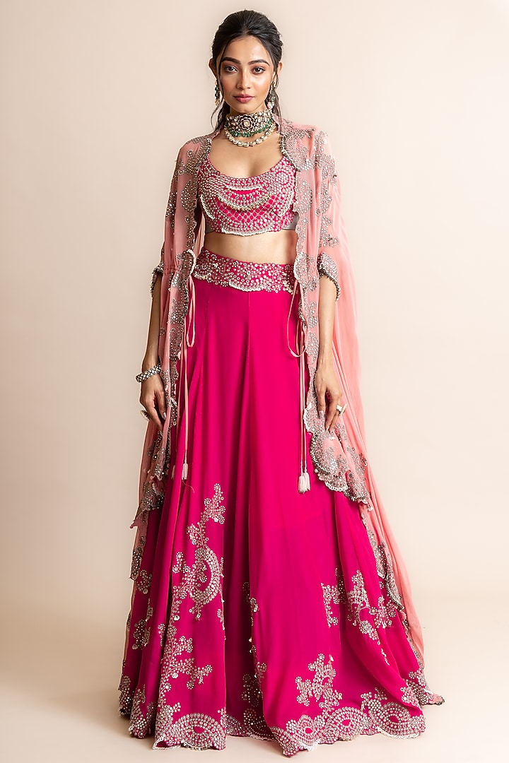 Fuchsia Silk Hand Embroidered Jacket Bridal Lehenga Set by Nupur Kanoi at Pernia's Pop Up Shop