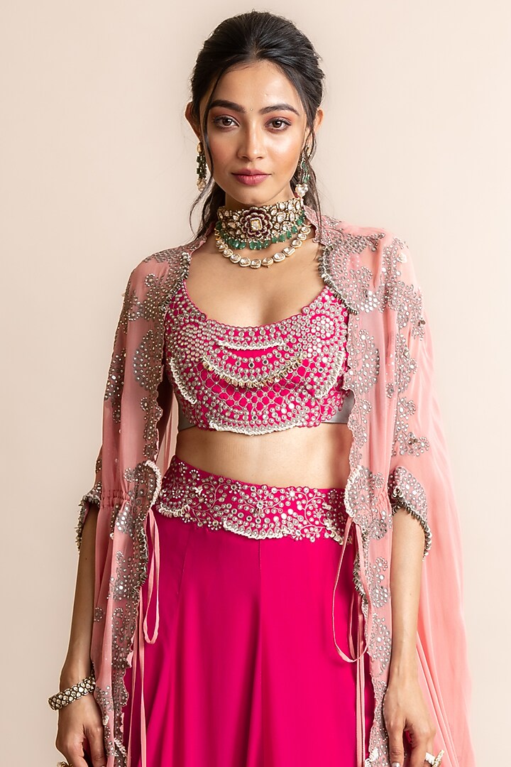Fuchsia Silk Hand Embroidered Jacket Bridal Lehenga Set by Nupur Kanoi at Pernia's Pop Up Shop