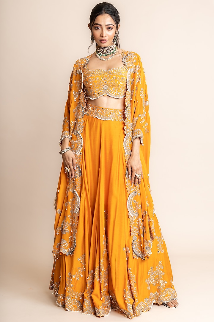 Orange Silk Hand Embroidered Jacket Bridal Lehenga Set by Nupur Kanoi at Pernia's Pop Up Shop