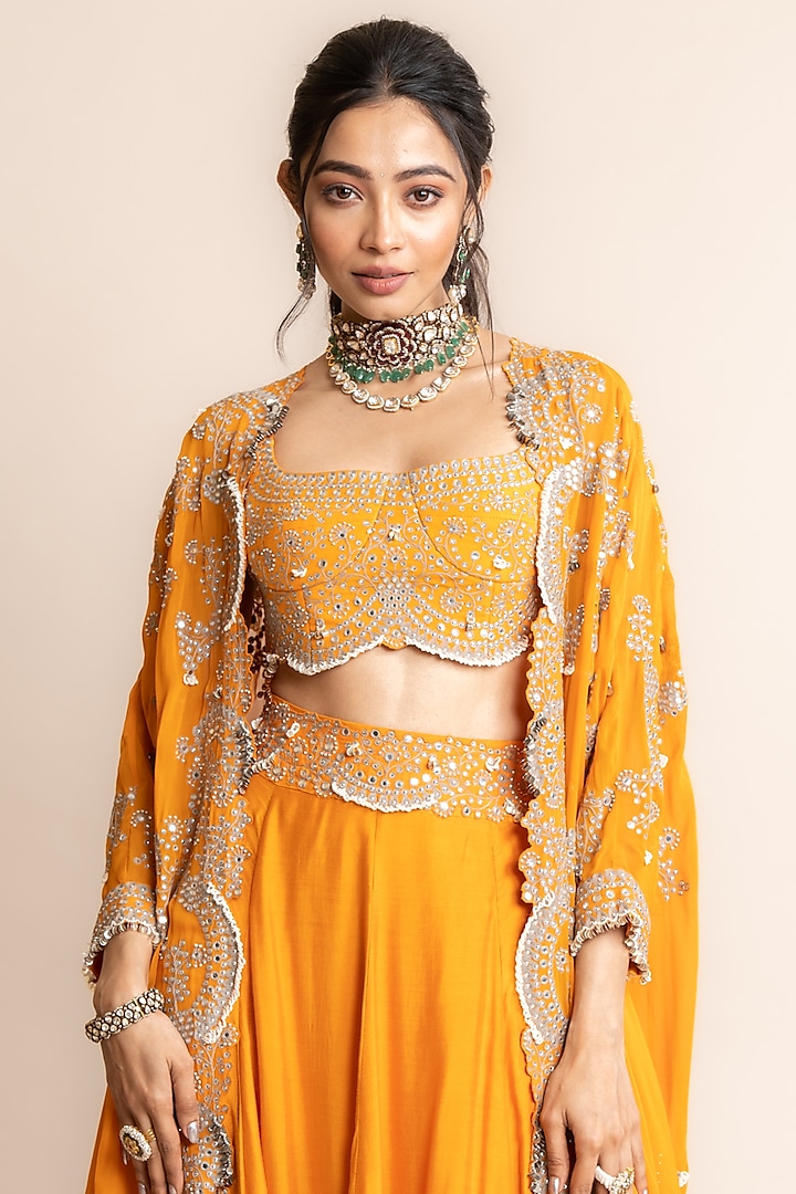 Orange Silk Hand Embroidered Jacket Bridal Lehenga Set by Nupur Kanoi at Pernia's Pop Up Shop