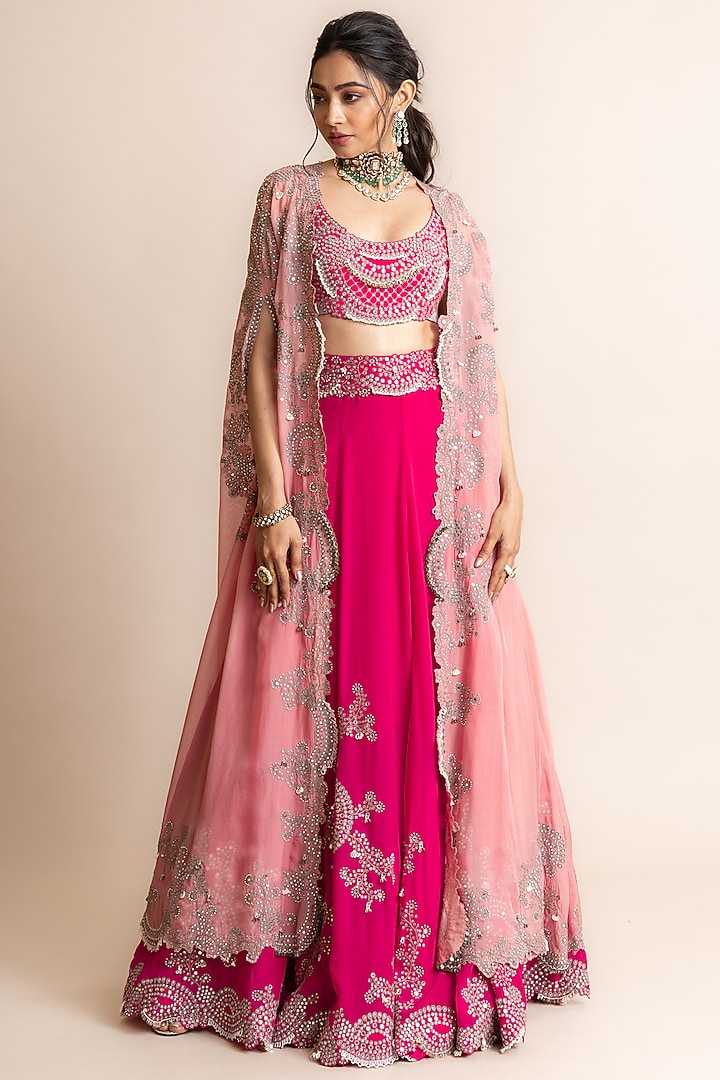 Fuchsia Silk Hand Embroidered Jacket Bridal Lehenga Set by Nupur Kanoi at Pernia's Pop Up Shop