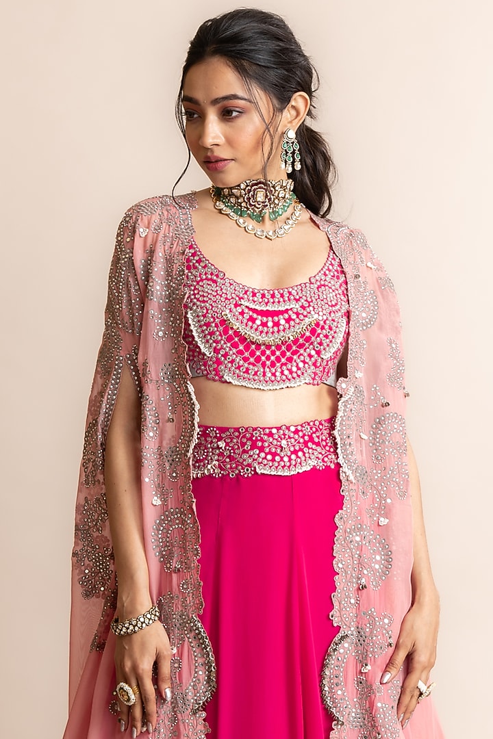 Fuchsia Silk Hand Embroidered Jacket Bridal Lehenga Set by Nupur Kanoi at Pernia's Pop Up Shop