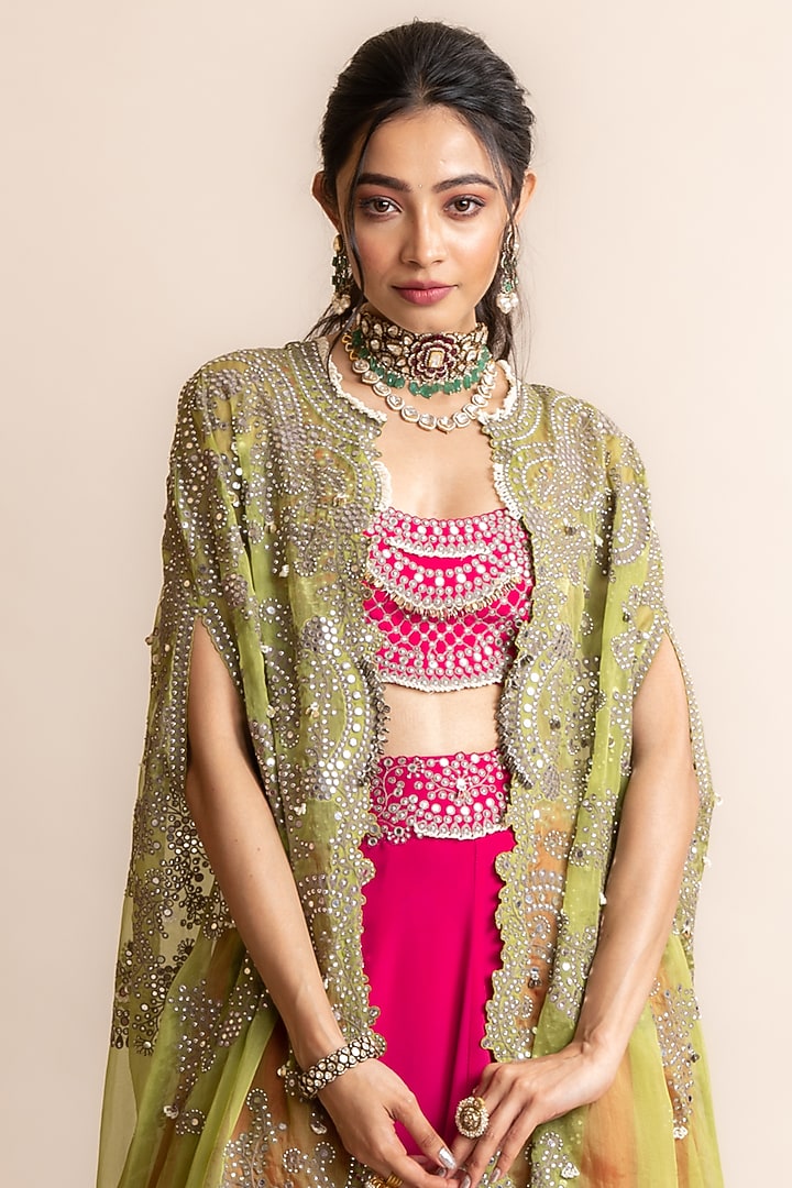 Fuchsia Silk Hand Embroidered Jacket Bridal Lehenga Set by Nupur Kanoi at Pernia's Pop Up Shop