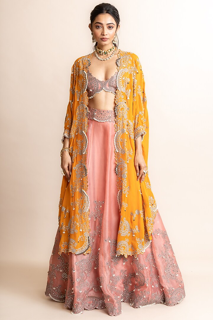 Old-Rose Organza & Satin Hand Embroidered Jacket Bridal Lehenga Set by Nupur Kanoi at Pernia's Pop Up Shop