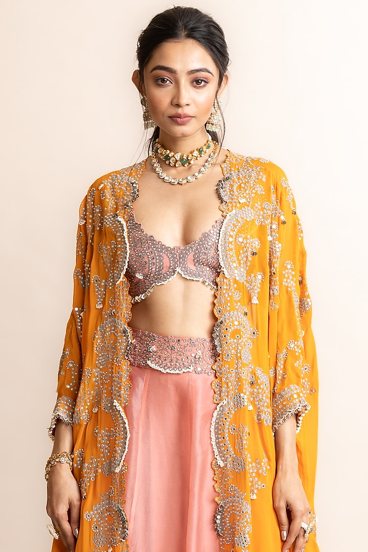 Old-Rose Organza & Satin Hand Embroidered Jacket Bridal Lehenga Set by Nupur Kanoi at Pernia's Pop Up Shop