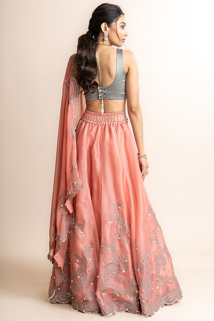 Old Rose Organza & Satin Hand Embroidered Reception Lehenga Saree Set by Nupur Kanoi at Pernia's Pop Up Shop
