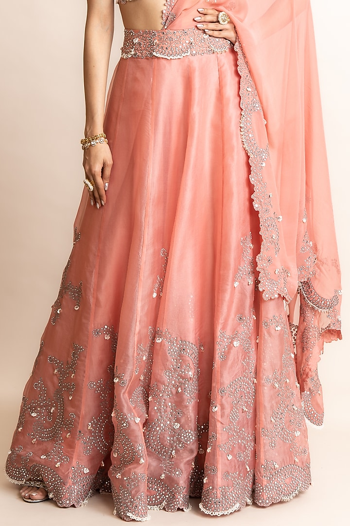 Old Rose Organza & Satin Hand Embroidered Reception Lehenga Saree Set by Nupur Kanoi at Pernia's Pop Up Shop