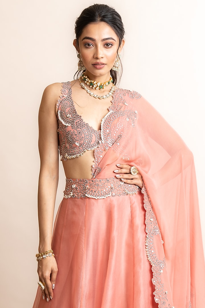Old Rose Organza & Satin Hand Embroidered Reception Lehenga Saree Set by Nupur Kanoi at Pernia's Pop Up Shop