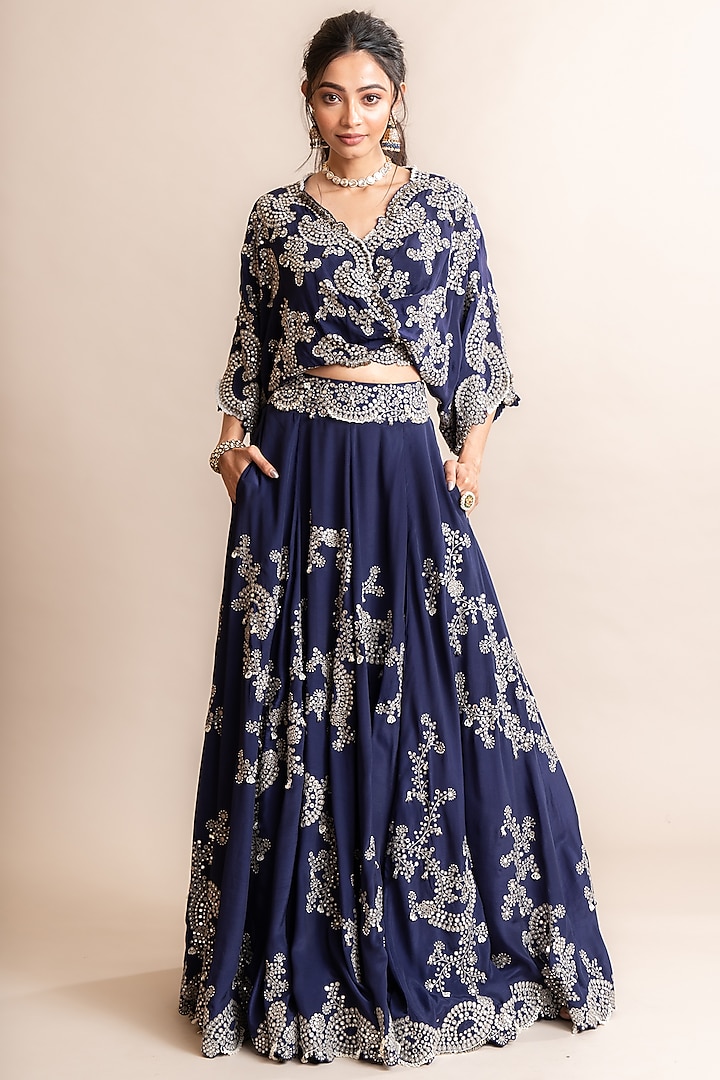 Navy Crepe Hand Embroidered Lehenga Set by Nupur Kanoi