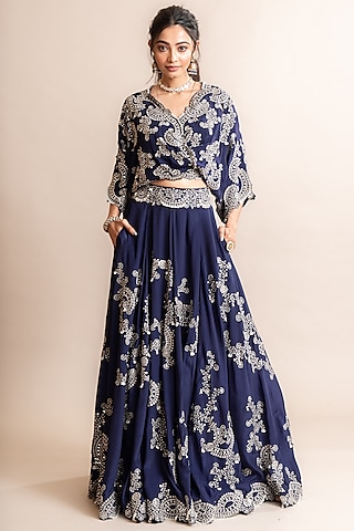 Navy Crepe Hand Embroidered Lehenga Set by Nupur Kanoi