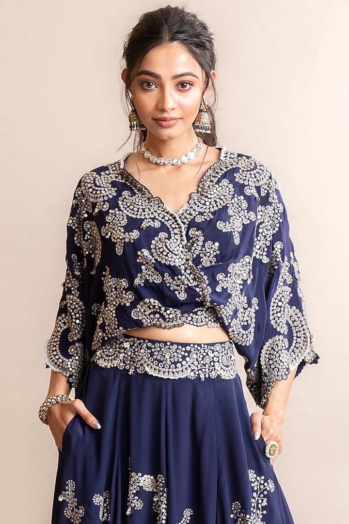 Navy Crepe Hand Embroidered Bridal Lehenga Set by Nupur Kanoi at Pernia's Pop Up Shop