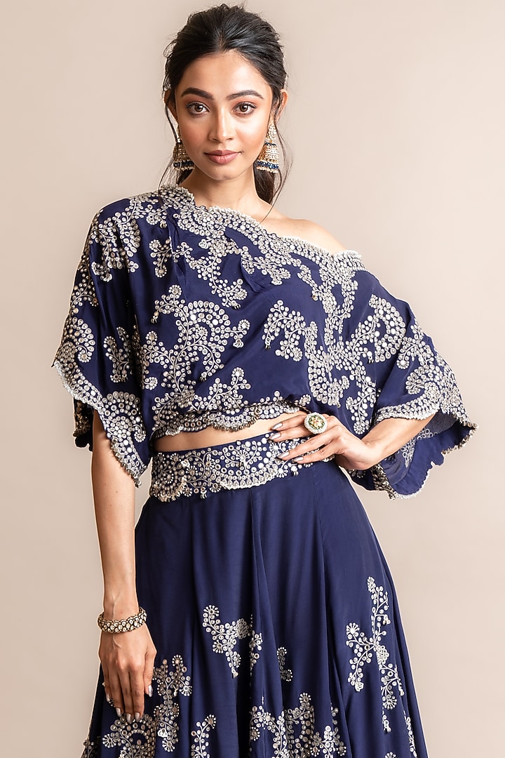 Navy Crepe Hand Embroidered Bridal Lehenga Set by Nupur Kanoi at Pernia's Pop Up Shop