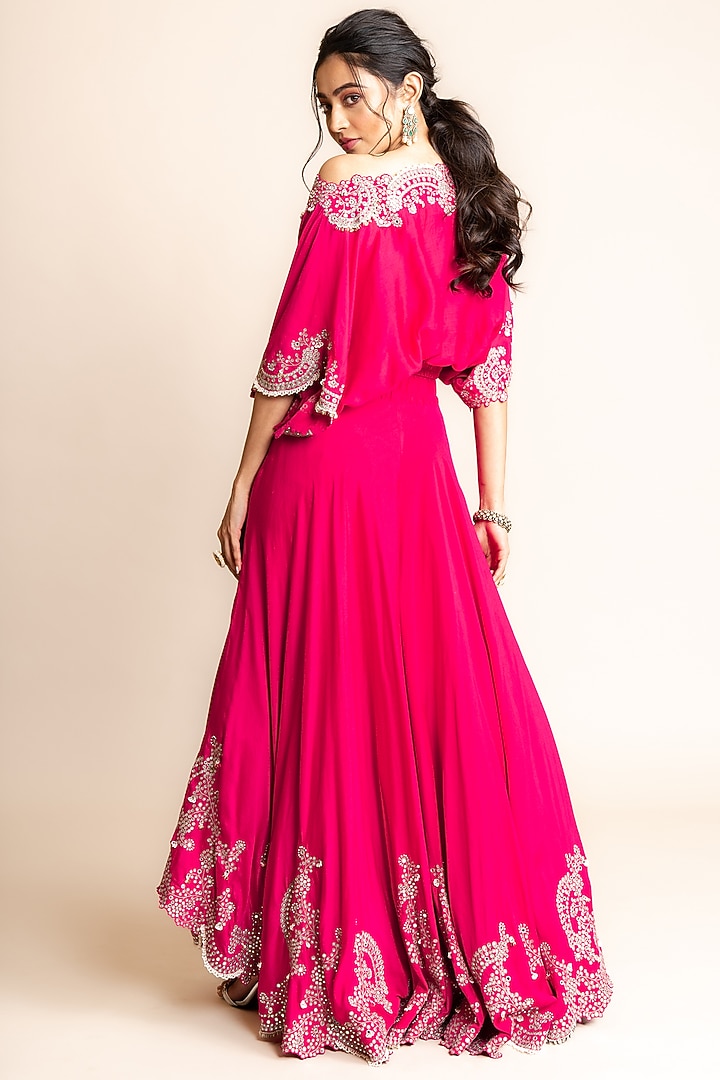 Fuchsia Silk & Crepe Hand Embroidered Bridal Sharara Set by Nupur Kanoi at Pernia's Pop Up Shop