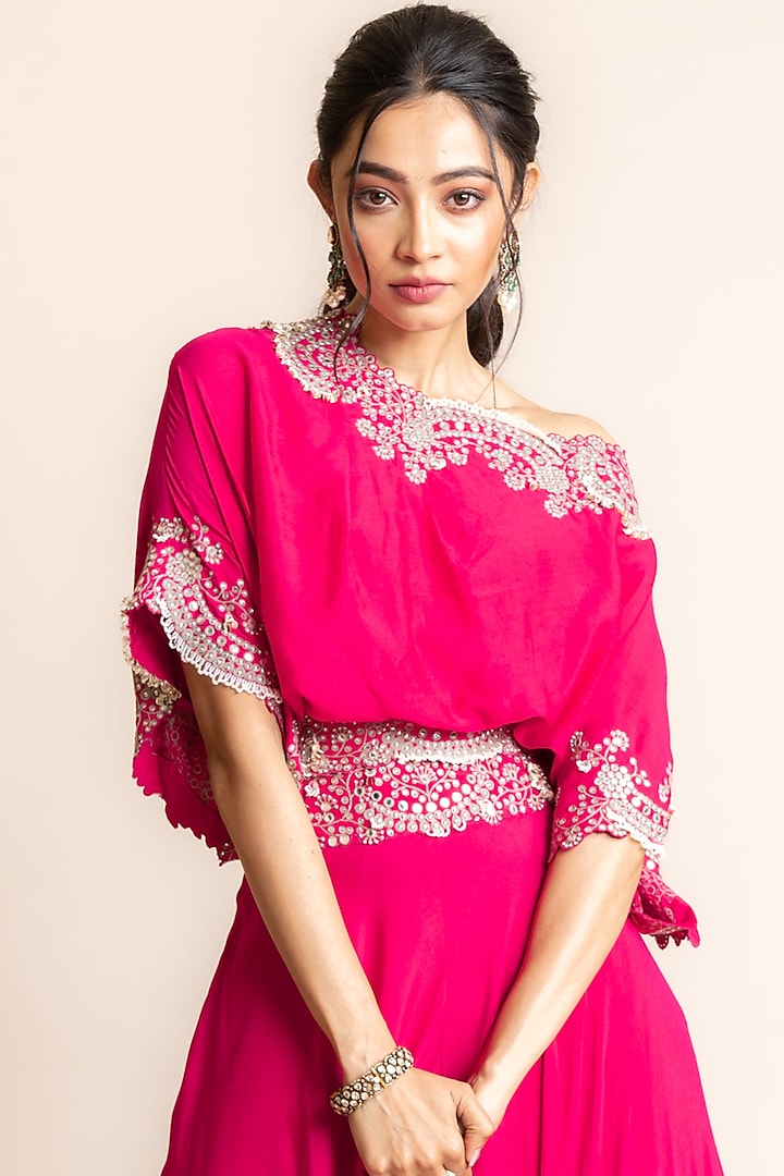 Fuchsia Silk & Crepe Hand Embroidered Bridal Sharara Set by Nupur Kanoi at Pernia's Pop Up Shop
