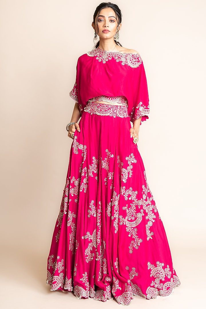 Fuchsia Silk & Crepe Hand Embroidered Bridal Lehenga Set by Nupur Kanoi at Pernia's Pop Up Shop