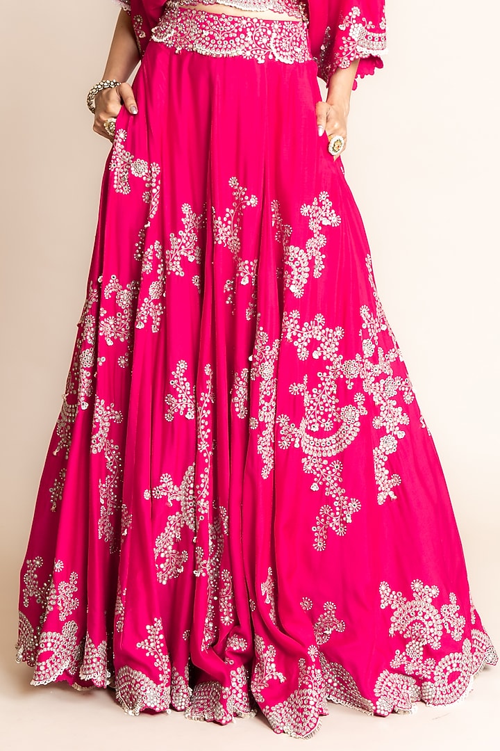 Fuchsia Silk & Crepe Hand Embroidered Bridal Lehenga Set by Nupur Kanoi at Pernia's Pop Up Shop