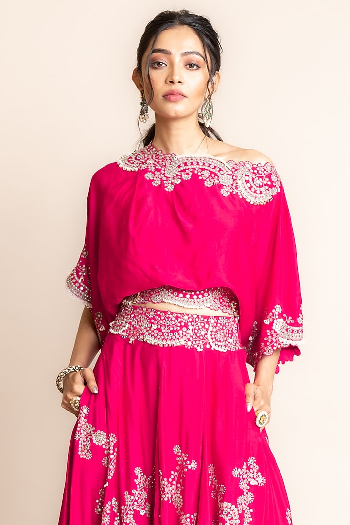 Fuchsia Silk & Crepe Hand Embroidered Bridal Lehenga Set by Nupur Kanoi at Pernia's Pop Up Shop