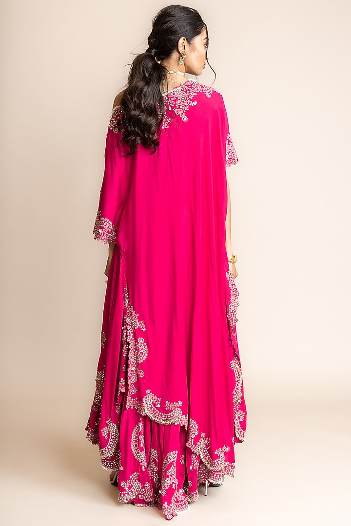 Fuchsia Silk & Crepe Hand Embroidered Bridal Sharara Set by Nupur Kanoi at Pernia's Pop Up Shop