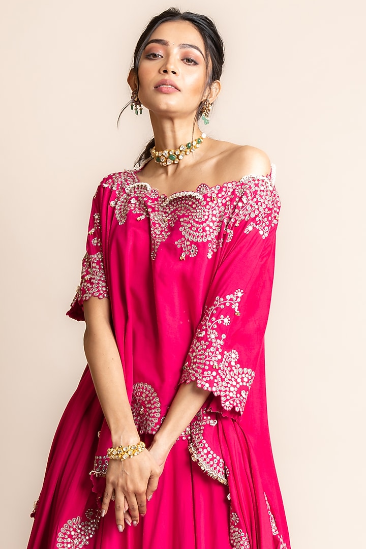 Fuchsia Silk & Crepe Hand Embroidered Bridal Sharara Set by Nupur Kanoi at Pernia's Pop Up Shop
