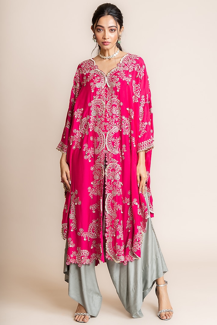 Fuchsia Silk Hand Embroidered Cape Set by Nupur Kanoi at Pernia's Pop Up Shop