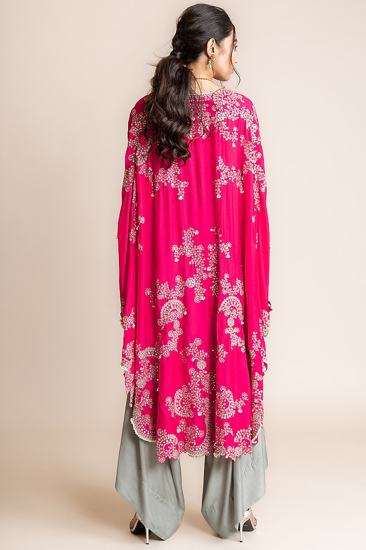 Fuchsia Silk Hand Embroidered Cape Set by Nupur Kanoi at Pernia's Pop Up Shop