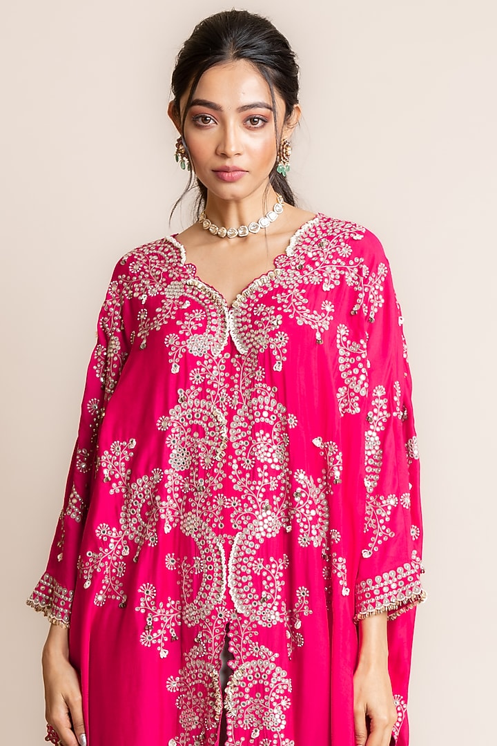 Fuchsia Silk Hand Embroidered Cape Set by Nupur Kanoi at Pernia's Pop Up Shop