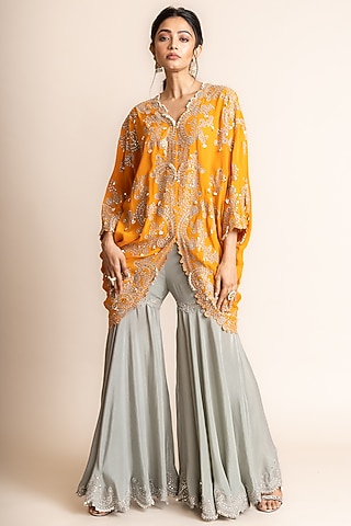 Grey Crepe Hand Embroidered Gharara Set by Nupur Kanoi