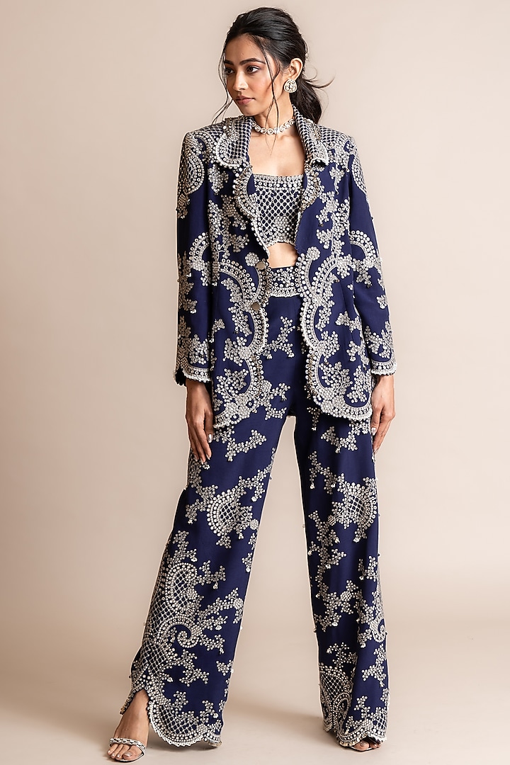 Navy Crepe Hand Embroidered Blazer Set by Nupur Kanoi