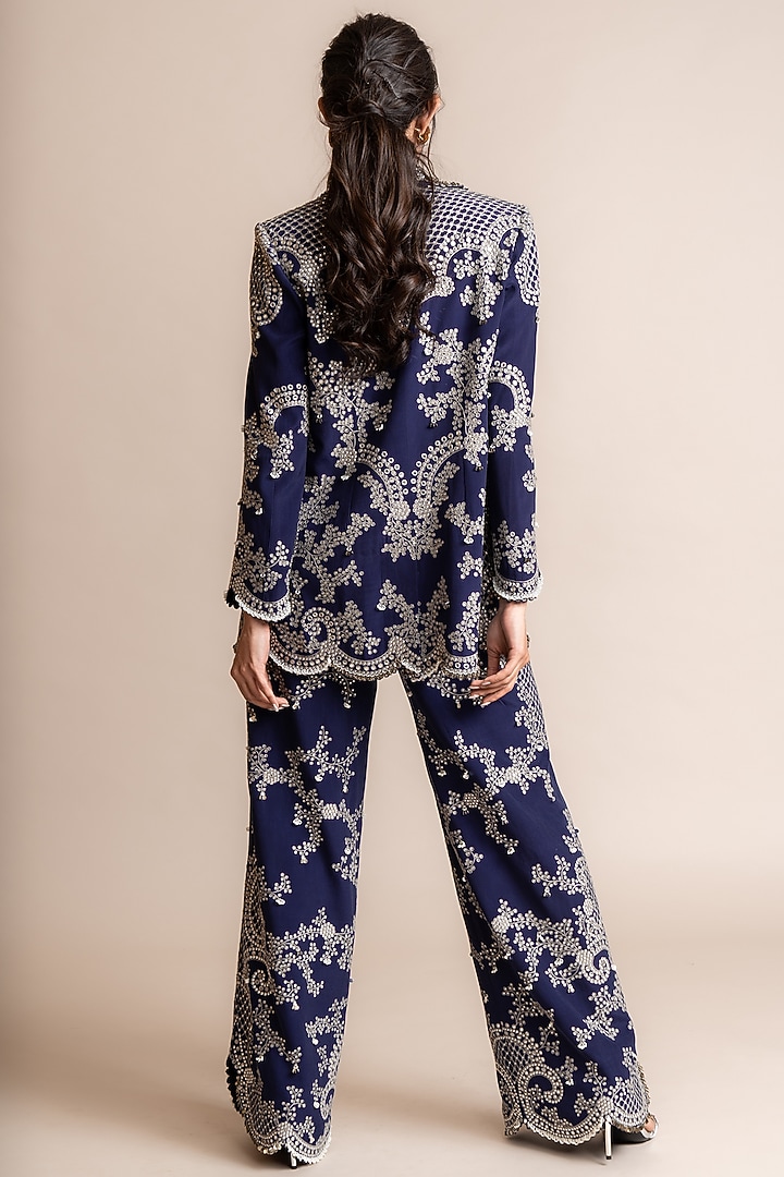 Navy Crepe Hand Embroidered Blazer Set by Nupur Kanoi at Pernia's Pop Up Shop