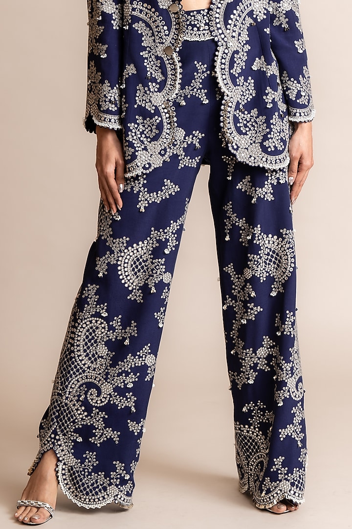 Navy Crepe Hand Embroidered Blazer Set by Nupur Kanoi at Pernia's Pop Up Shop