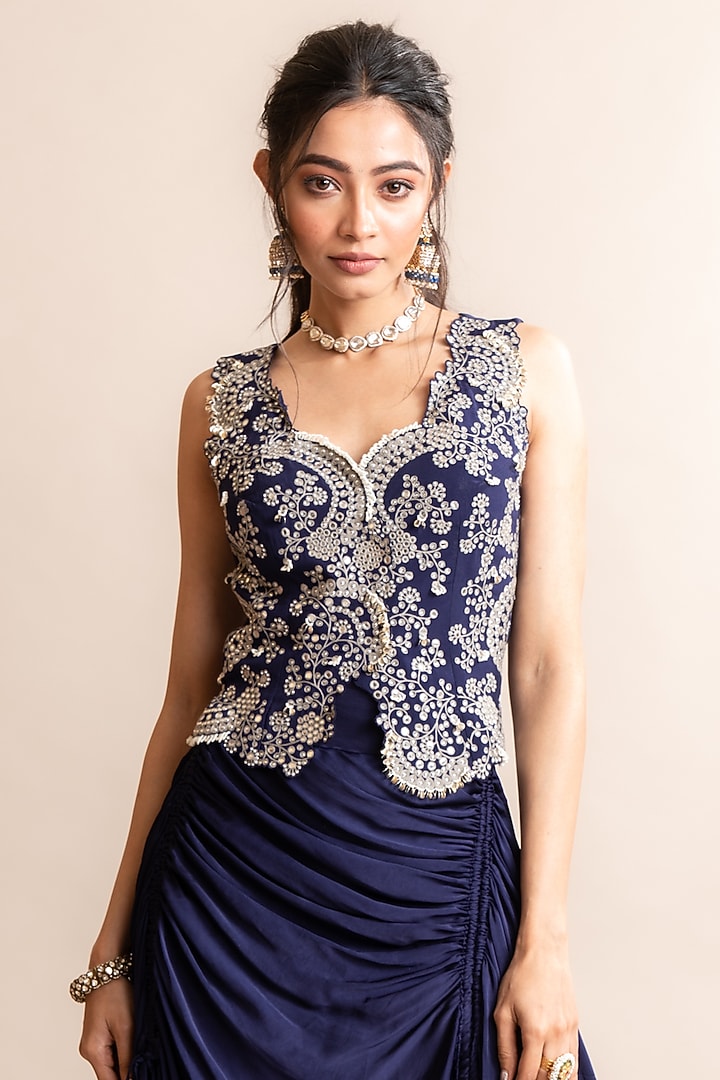 Navy Satin Gathered Skirt Set by Nupur Kanoi at Pernia's Pop Up Shop
