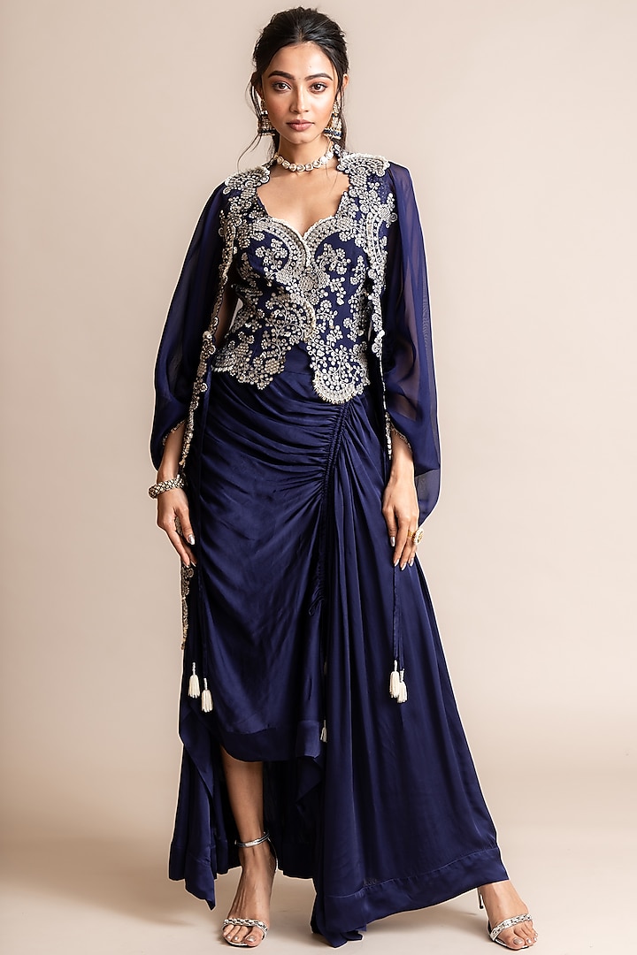 Navy Organza Hand Embroidered Cape Set by Nupur Kanoi at Pernia's Pop Up Shop