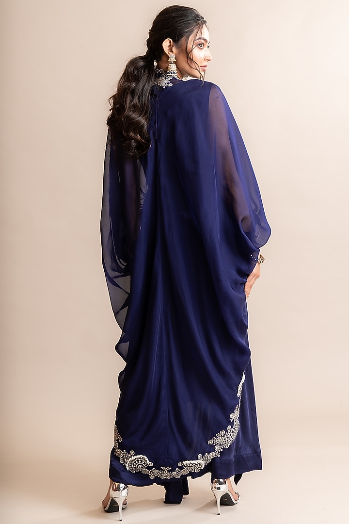 Navy Organza Hand Embroidered Cape Set by Nupur Kanoi at Pernia's Pop Up Shop