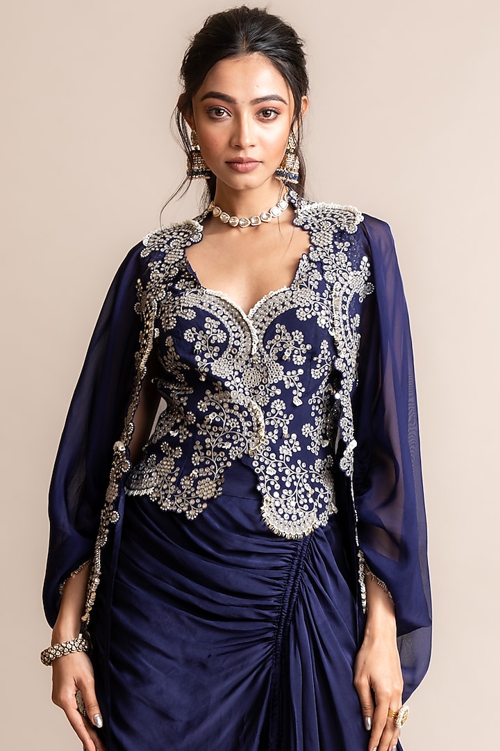 Navy Organza Hand Embroidered Cape Set by Nupur Kanoi at Pernia's Pop Up Shop