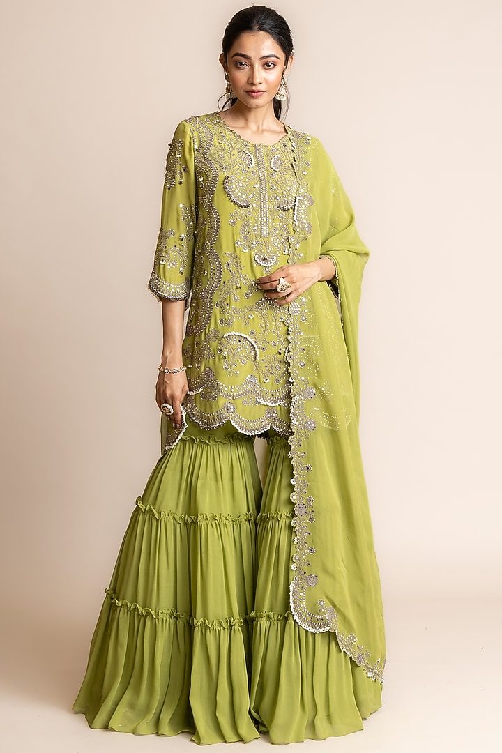 Pista Crepe Tiered Bridal Sharara Set by Nupur Kanoi at Pernia's Pop Up Shop