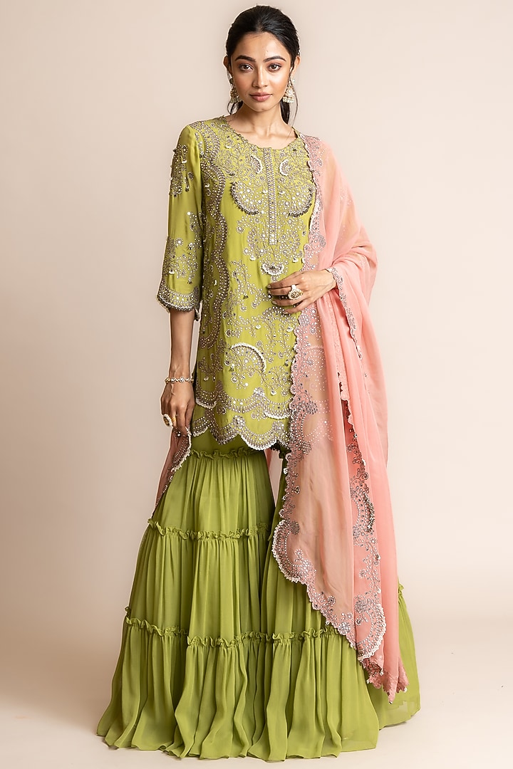 Pista Crepe Tiered Bridal Sharara Set by Nupur Kanoi at Pernia's Pop Up Shop