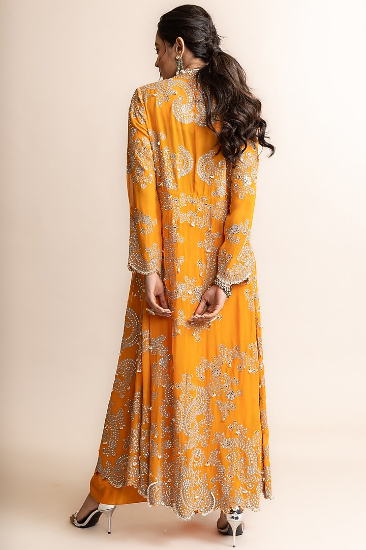 Orange Crepe & Georgette Hand Embroidered Long Jacket Set by Nupur Kanoi at Pernia's Pop Up Shop