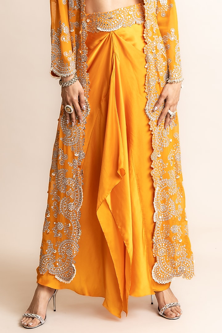 Orange Crepe & Georgette Hand Embroidered Long Jacket Set by Nupur Kanoi at Pernia's Pop Up Shop