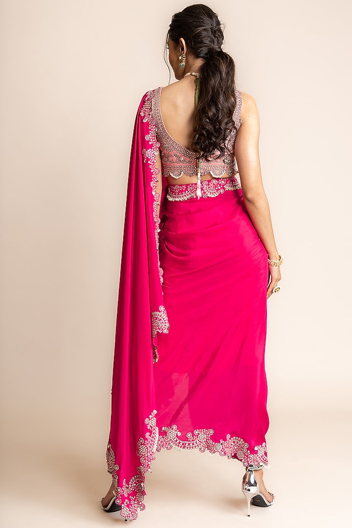 Fuchsia Habutai Silk & Crepe Hand Embroidered Pre-Draped Reception Saree Set by Nupur Kanoi at Pernia's Pop Up Shop