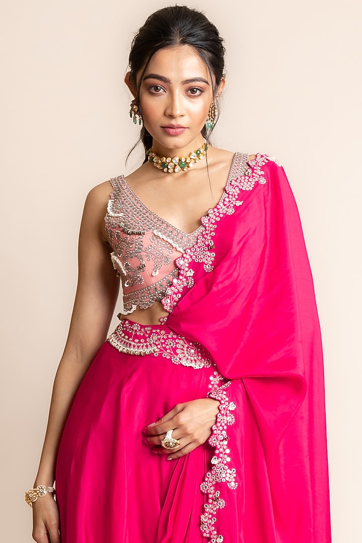 Fuchsia Habutai Silk & Crepe Hand Embroidered Pre-Draped Reception Saree Set by Nupur Kanoi at Pernia's Pop Up Shop