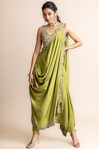 Pista Habutai Silk & Crepe Hand Embroidered Pre-Draped Dhoti Saree Set by Nupur Kanoi