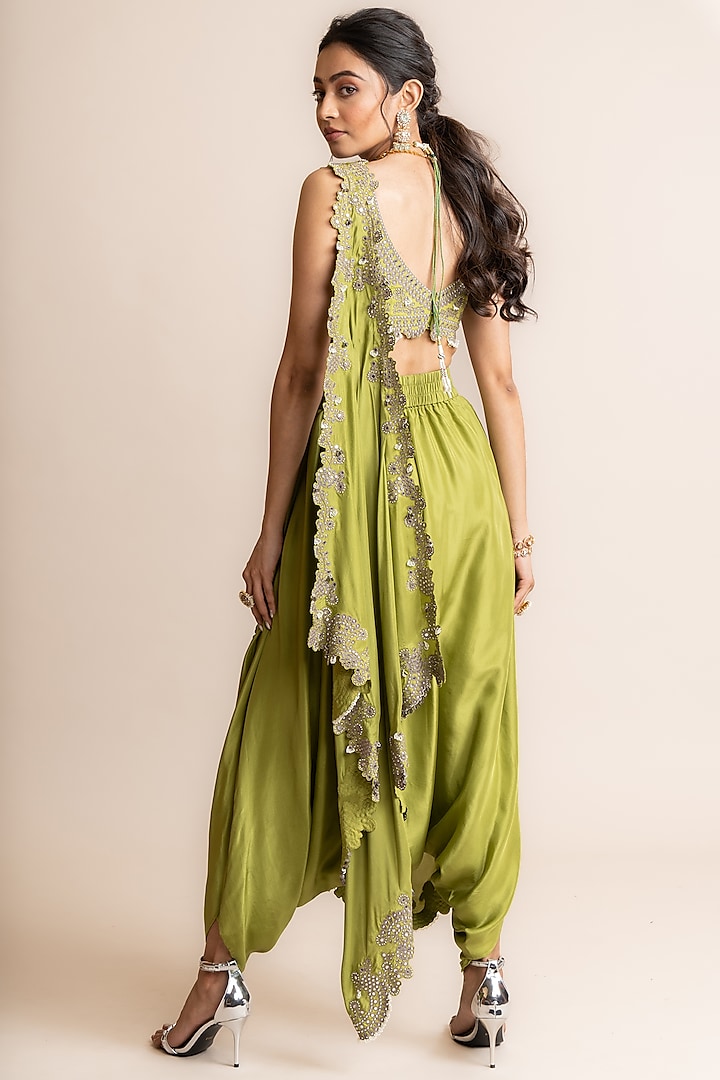 Pista Habutai Silk & Crepe Hand Embroidered Pre-Draped Dhoti Reception Saree Set by Nupur Kanoi at Pernia's Pop Up Shop