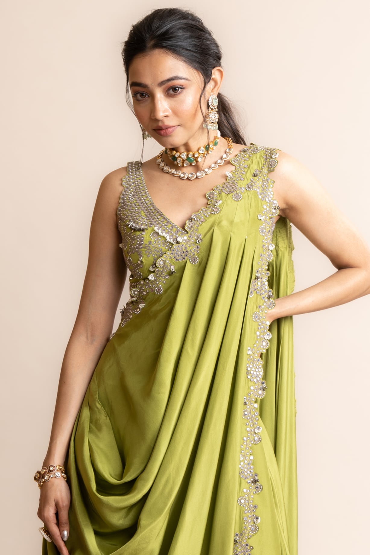 Pista Habutai Silk Crepe Hand Embroidered Pre-Draped Dhoti Saree