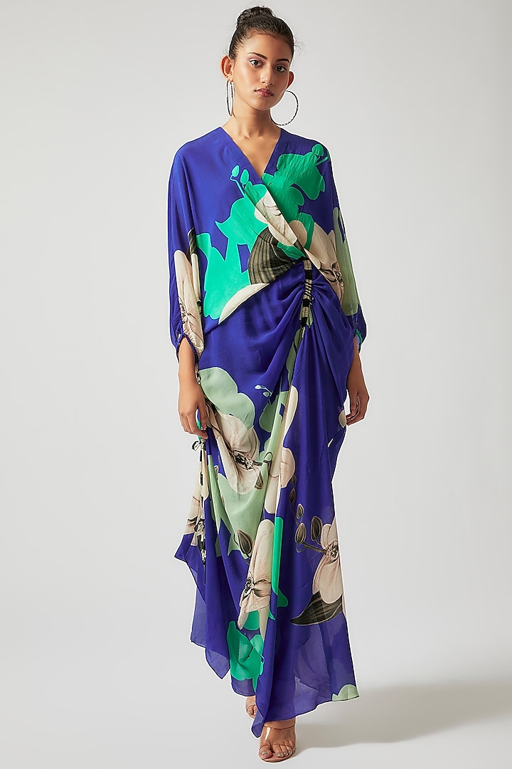Cobalt Blue Crepe Digital Printed Wrap Cocktail Dress by Nupur Kanoi at Pernia's Pop Up Shop