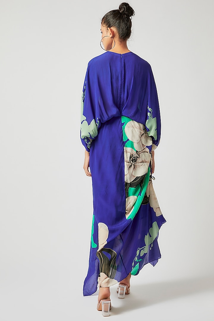 Cobalt Blue Crepe Digital Printed Wrap Cocktail Dress by Nupur Kanoi at Pernia's Pop Up Shop